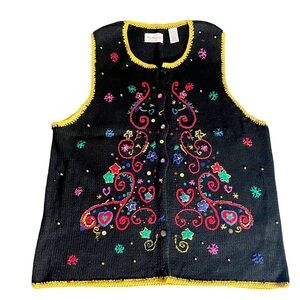 NWOT Vintage Black Westbound Christmas Tree Vest -L- Sequins Embroidery